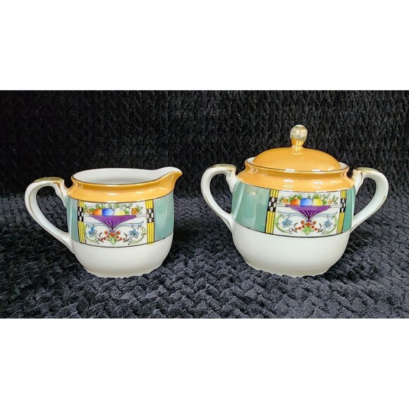 Japanese Hand-Painted Lusterware Cream & Sugar Set – Art Deco Motif (1921–1941) - Picture 6 of 16